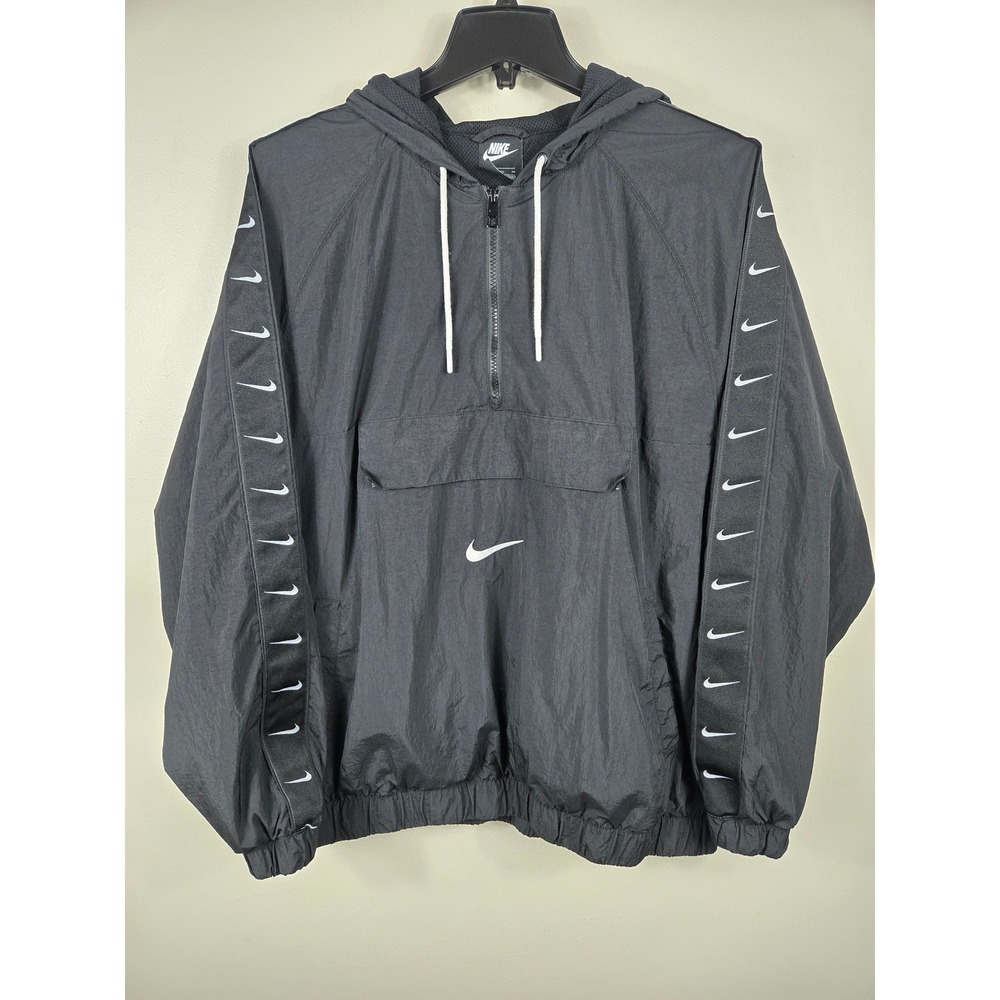 Nike Mens XL Black White Big Swoosh Tape Logo Half Zip Windbreaker Anorak Jacket